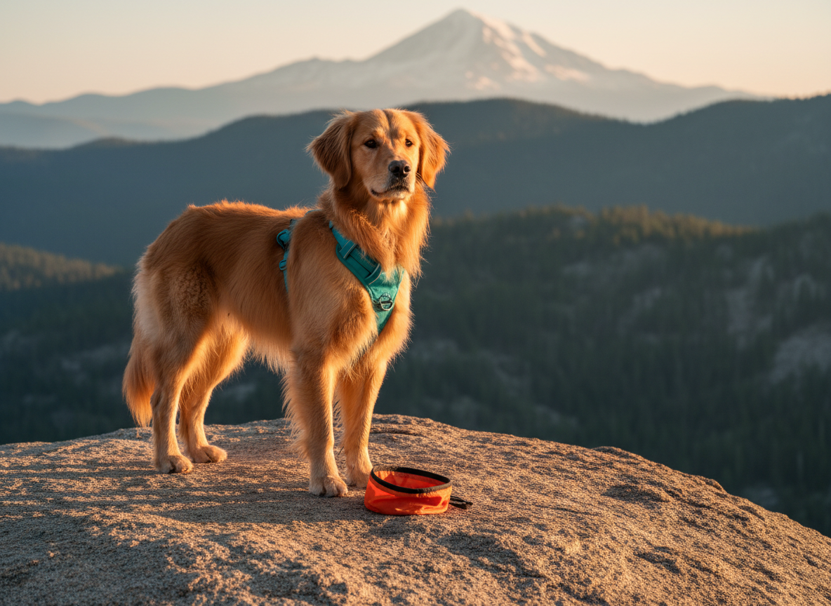 A fluffy, golden-coated adventure dog named Ginkgo stands proudly on a sun-warmed granite boulder at the edge of a mountain overlook, bright teal harness dusted with trail dirt and an orange collapsible water bowl at her paws. Behind her, evergreen-covered ridges and a distant snow-capped peak fall softly out of focus. It’s late afternoon golden hour, with warm sunlight rim-lighting her fur and casting long, playful shadows across the rocks. Photorealistic, eye-level composition with Ginkgo on the rule of thirds line, shallow depth of field, and a vibrant, authentic outdoor aesthetic that feels like a real, unsponsored trail snapshot from a memorable hike.