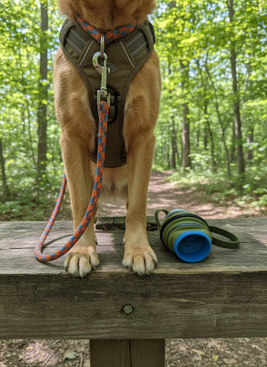 A close-up, photographic shot of Ginkgo’s front paws, fur a warm golden hue, planted firmly on a weathered wooden trail signpost platform at a well-marked trailhead. A bright, durable leash clips to a sturdy, earth-toned harness with reflective strips, and a compact, collapsible water bottle with attached bowl sits nearby. The background shows a sun-dappled forest path leading into the distance, blurred with gentle bokeh. Late-morning natural light filters through leaves, creating lively highlights and soft shadows. Captured from a low, slightly angled perspective, emphasizing gear details and textures. The mood is playful and encouraging, evoking the start of a real adventure at a clearly dog-friendly destination without any visible human presence or text.
