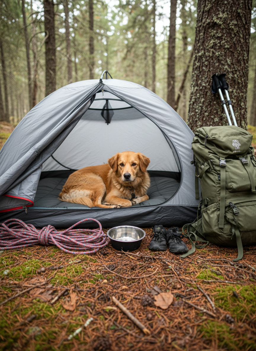 Ginkgo, a medium-sized, golden adventure dog with expressive eyes and slightly muddy paws, curls up inside a compact gray backpacking tent pitched on a forest floor of pine needles and moss. A neatly coiled climbing rope, a stainless steel dog bowl, and a well-worn pair of dog booties rest near the tent entrance, with a rugged backpack and trekking poles visible just outside. Diffused overcast light filters through the tent fabric and surrounding trees, creating a soft, cozy glow. Photographic realism, shot from a low, slightly wide-angle perspective looking into the tent, with a calm, intimate mood that highlights practical, dog-friendly camping gear and real trail-life details.