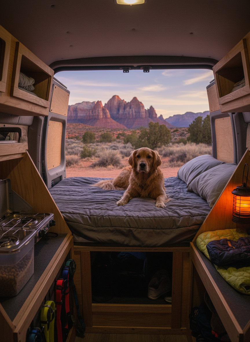 Inside a cozy converted van, Ginkgo lounges on a neatly made platform bed covered in a charcoal-gray adventure blanket, her golden fur contrasting against the fabric. Around her, organized open storage holds a compact camp stove, a small bin of dog food, neatly rolled leashes, and a pair of lightweight, packable dog jackets. The van’s rear doors are open, revealing a dramatic desert landscape with red rock formations and a clear twilight sky. Soft, fading evening light spills into the van, mixed with the warm glow of a small battery lantern, creating a welcoming, practical atmosphere. Photographic realism from a slightly elevated rear angle, capturing both the clever dog-friendly van setup and the expansive destination outside.