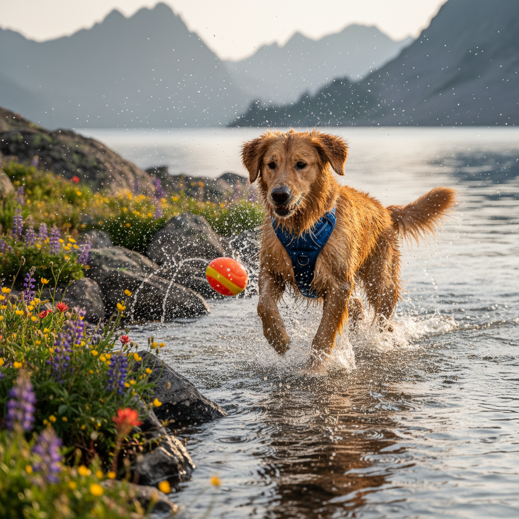 Ginkgo, the golden adventure dog, bounds through a shallow alpine lake, droplets of crystal-clear water frozen mid-splash around her as she chases a bright, floating retrieval toy. A rugged, rocky shoreline with scattered wildflowers frames the scene, and distant, hazy peaks rise beyond the water. Her quick-dry, royal-blue harness clings wetly to her fur, showing tiny beads of water on its nylon webbing. The image is captured at ground level with a fast shutter, sharp focus on Ginkgo and the water arcs, while the background gently softens. Late-day sunlight reflects off the lake’s surface, creating sparkling highlights. The mood is joyful and energetic, a vibrant, photographic celebration of dog-friendly, real-world water play.